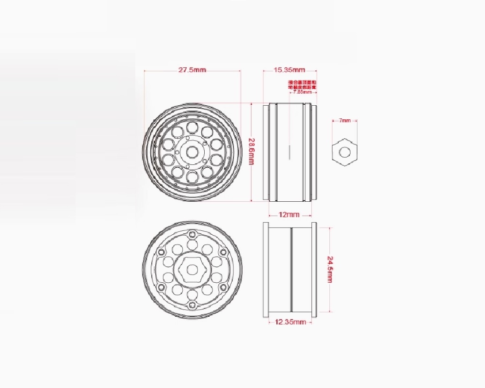 UDIRC UCX2405 1/24 Snow Leopard RC Car Upgrade Parts Metal Wheels Bindings B Dimension Overview